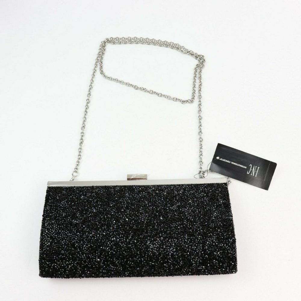 INC International Concepts Black Beaded Clutch Chain Strap Evening Bag